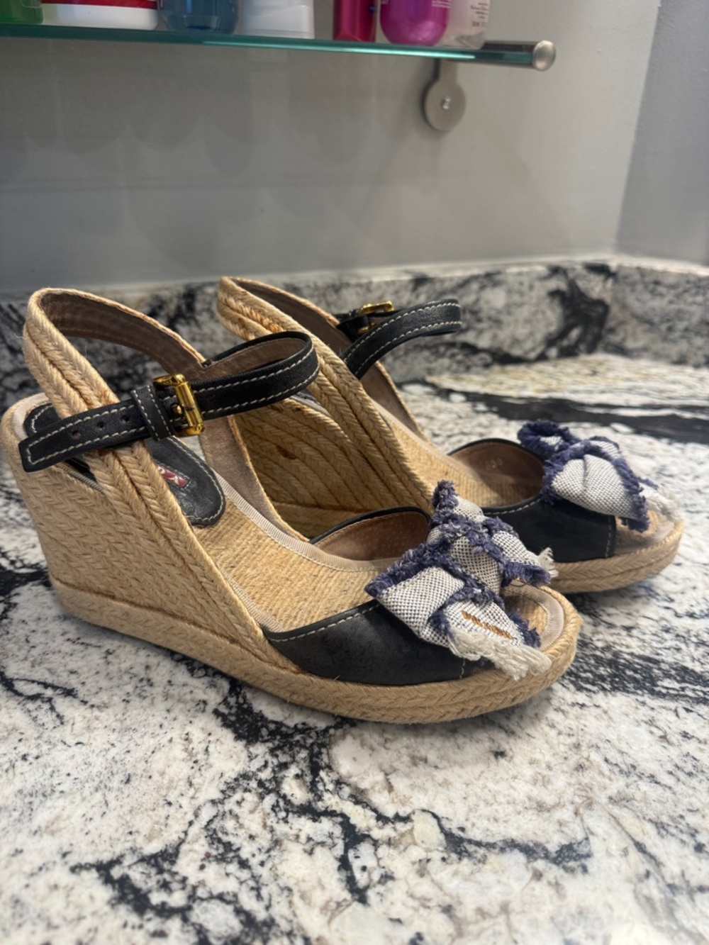 Prada Blue and Natural Espadrille Wedge Sandals with Frayed Bow - Picture 2 of 4